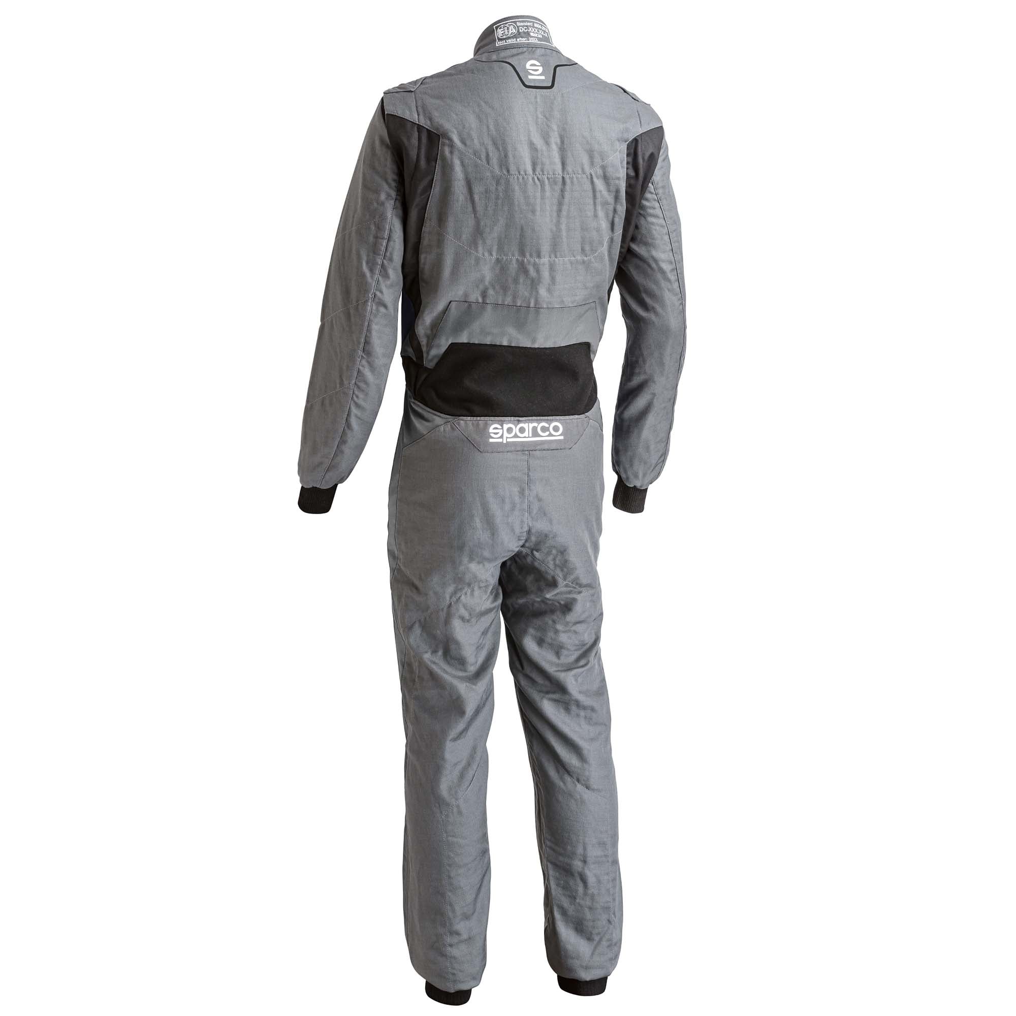 Grey racing suit with black panels, back view, full-zip style and long sleeves