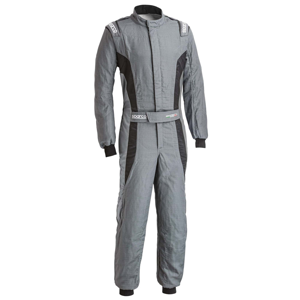 Grey racing suit with black panels, full-zip front and long sleeves