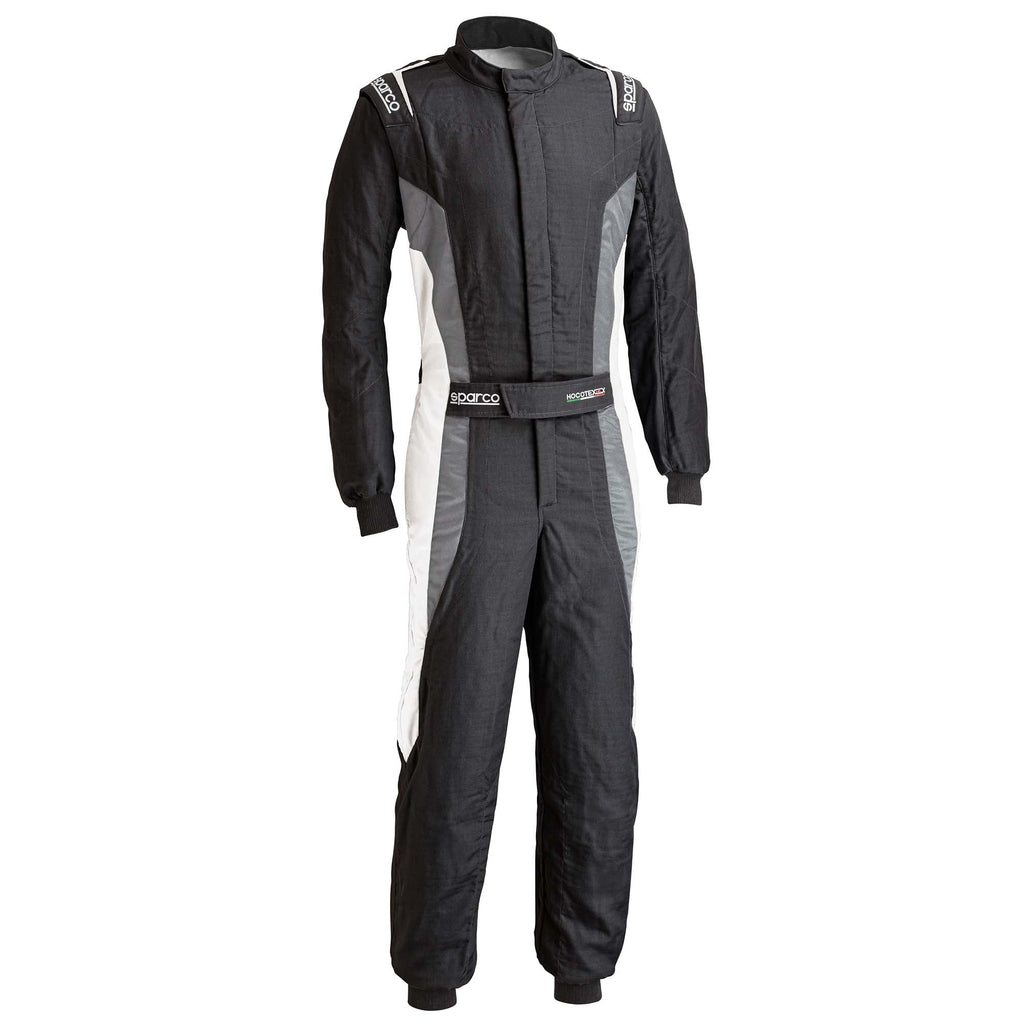 Dark grey racing suit with black side panels, full-zip front and long sleeves
