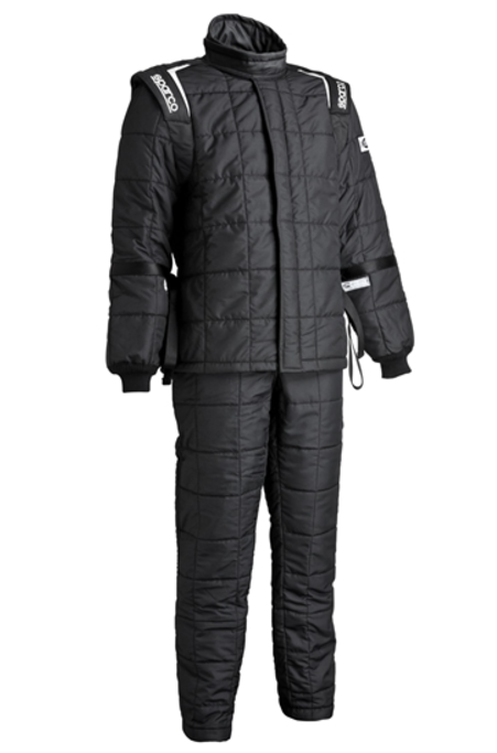 Sparco black quilted fire-resistant drag racing suit with full hood and front zipper