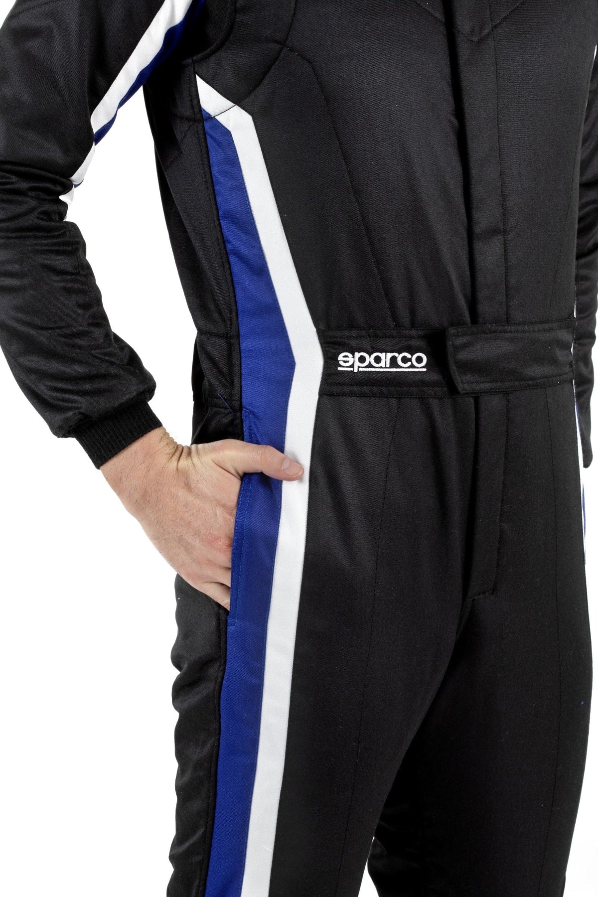Black racing suit close-up with blue side stripe and Sparco logo
