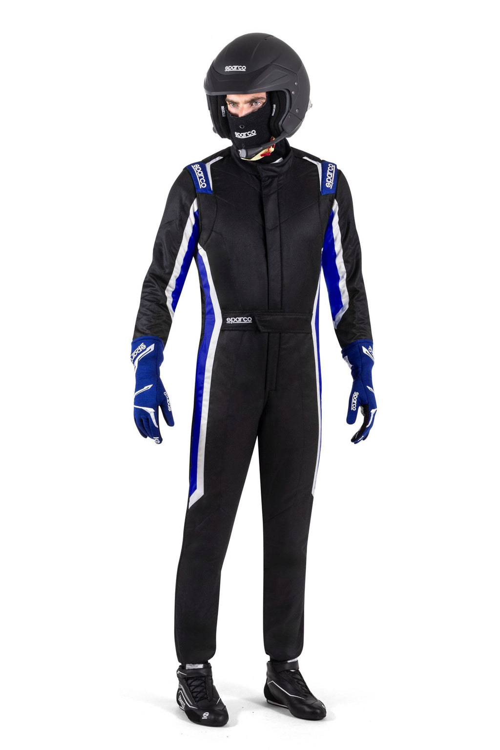 Black Sparco racing suit with blue side stripes, full-body view