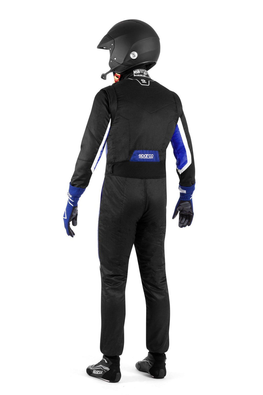 Black racing suit with blue side stripes and helmet, back view