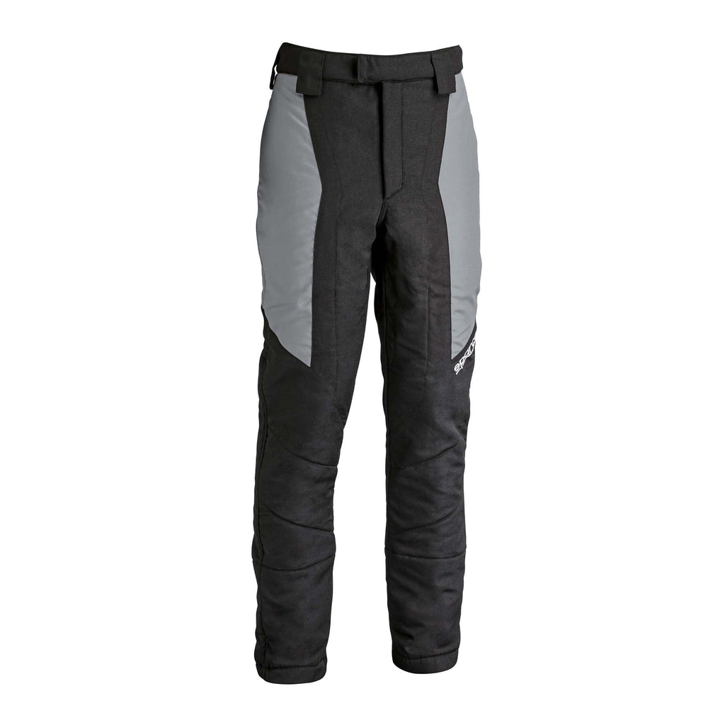 Racing pants with black-and-grey side panels, zip fly and stitched knee panels