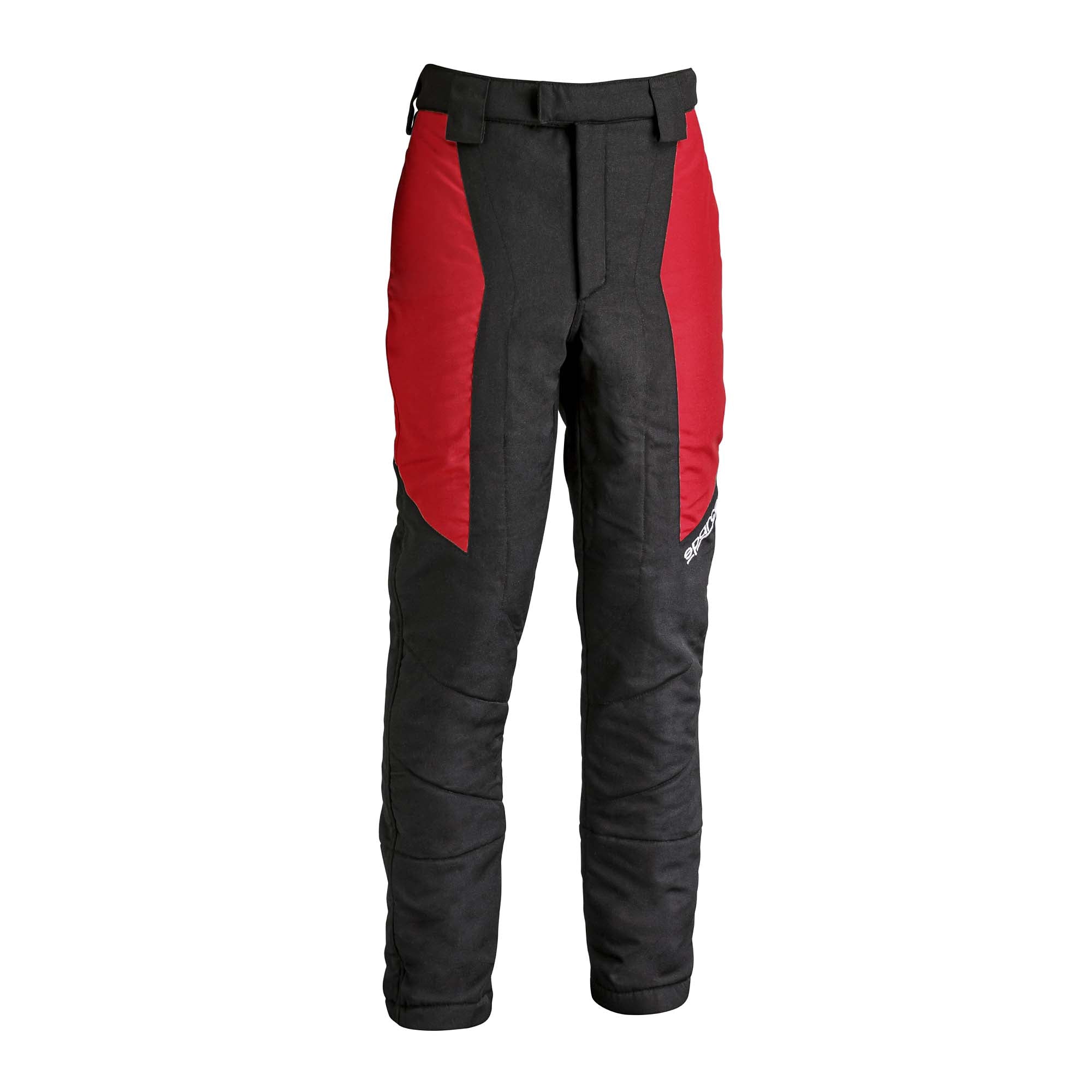 Racing pants in black with red side panels and stitched knee panels