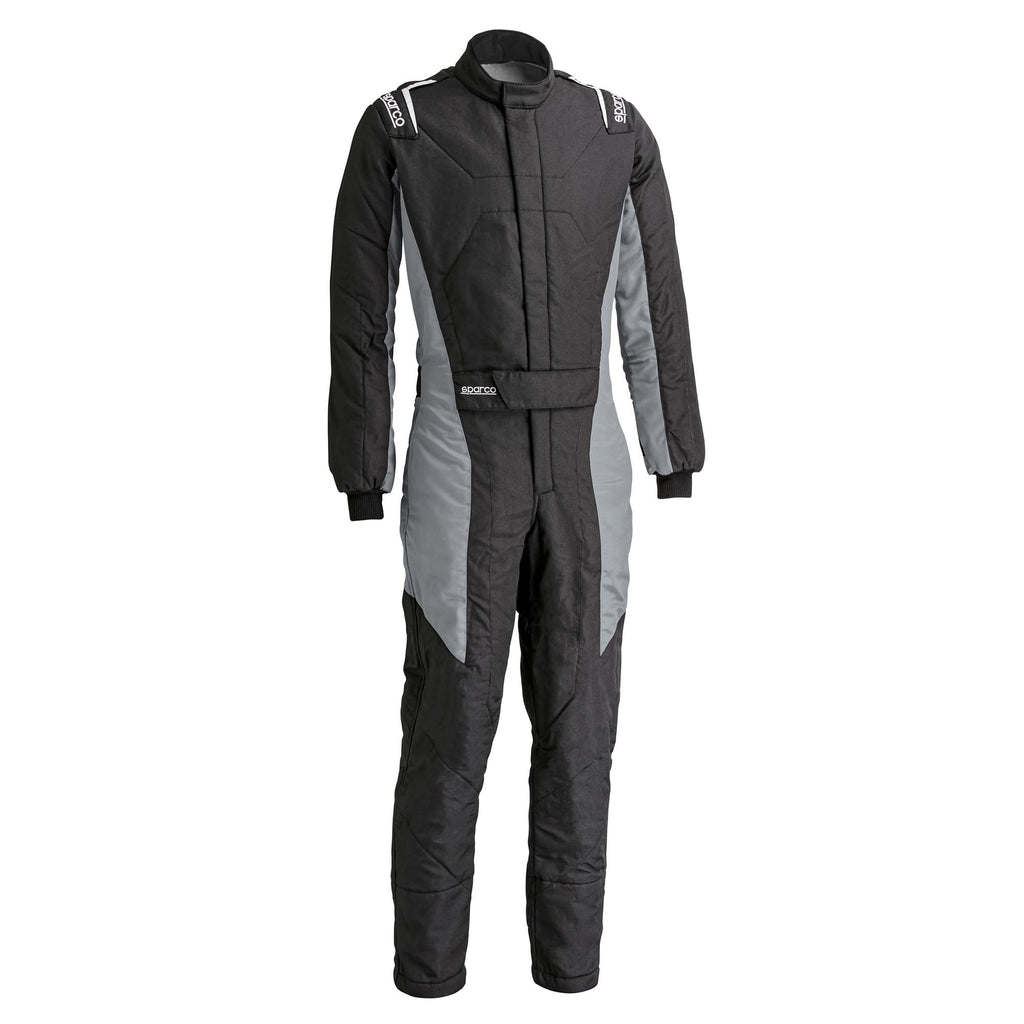 Sparco Stint racing suit, black with gray side panels and zip front