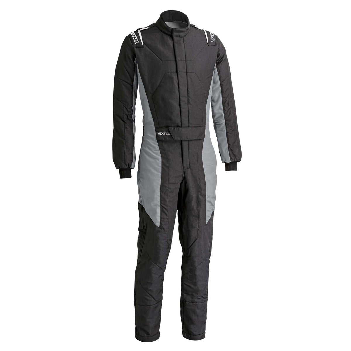 Sparco Stint racing suit, black with gray side panels and zip front