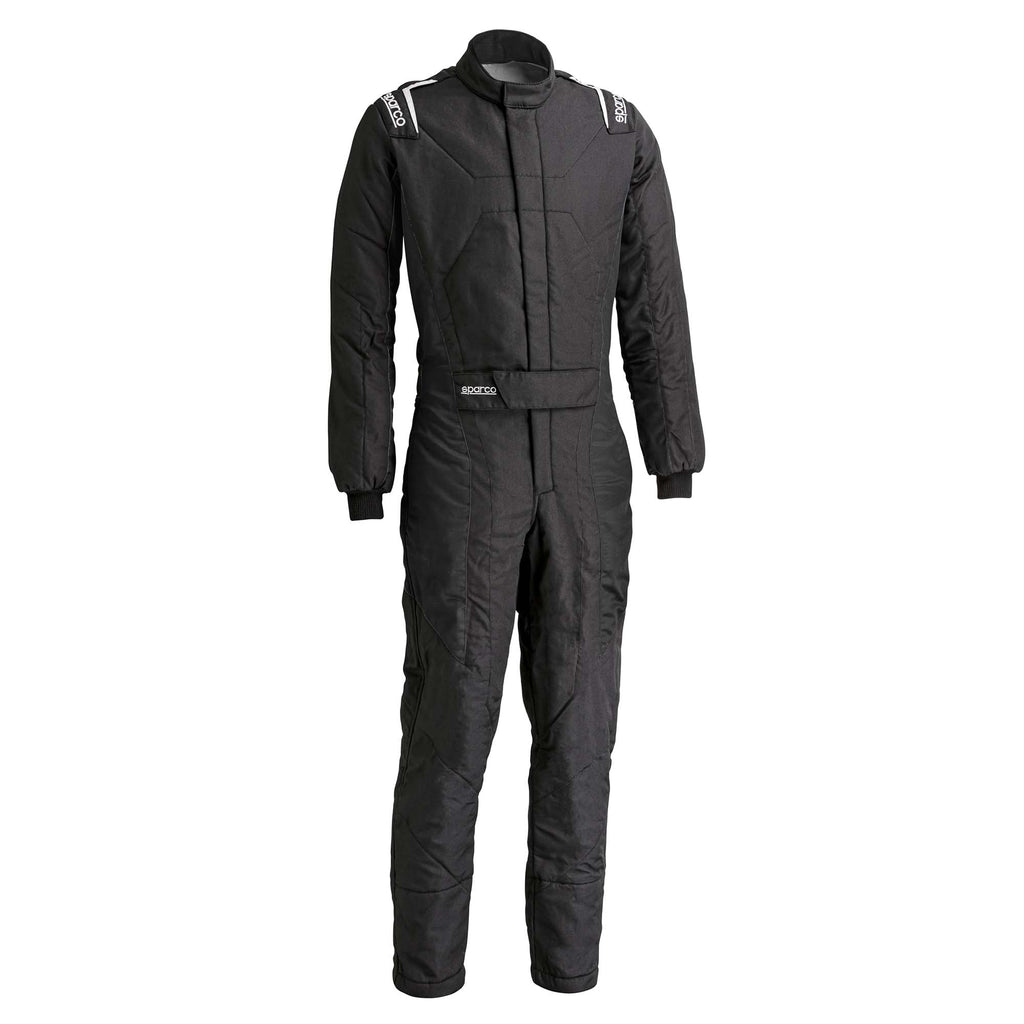 Sparco Stint racing suit, solid black with zip front, collar, and cuffs