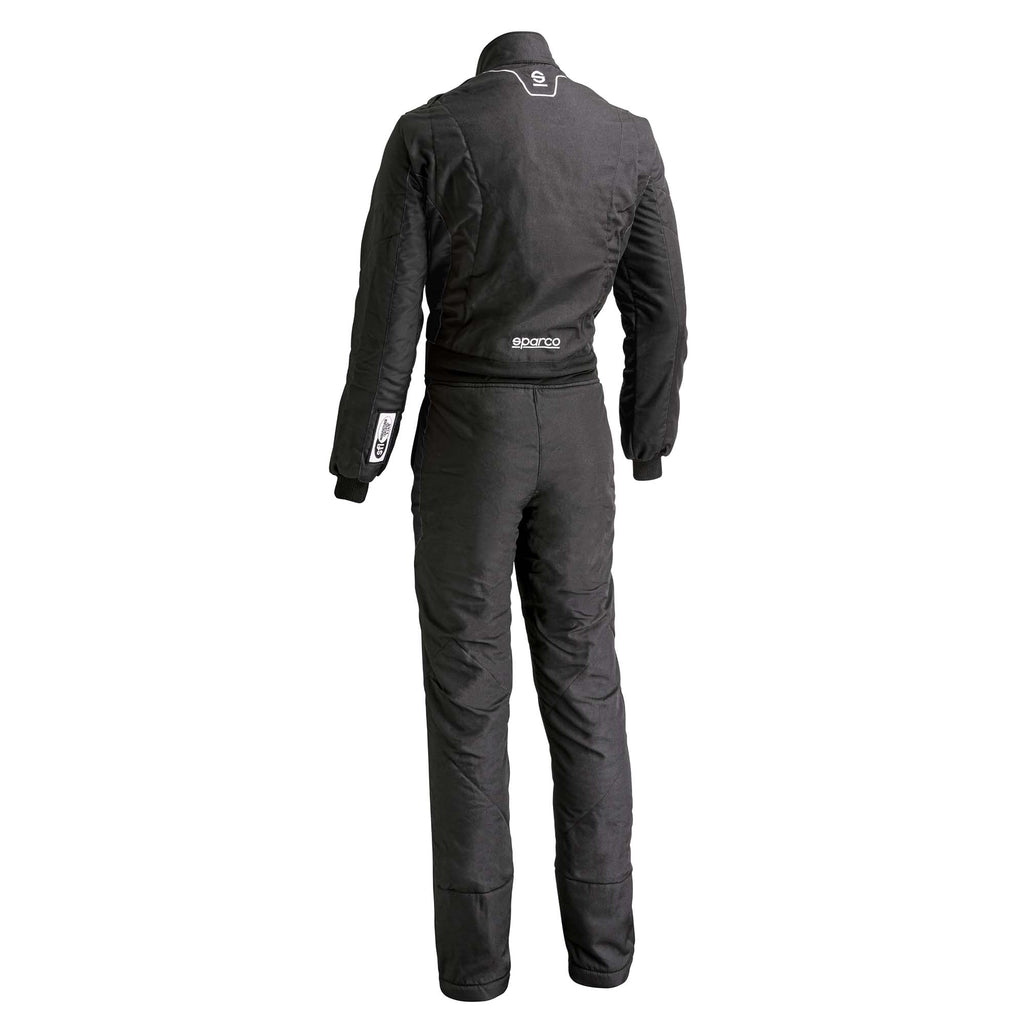 Sparco Stint racing suit, black back view with waist belt and high collar