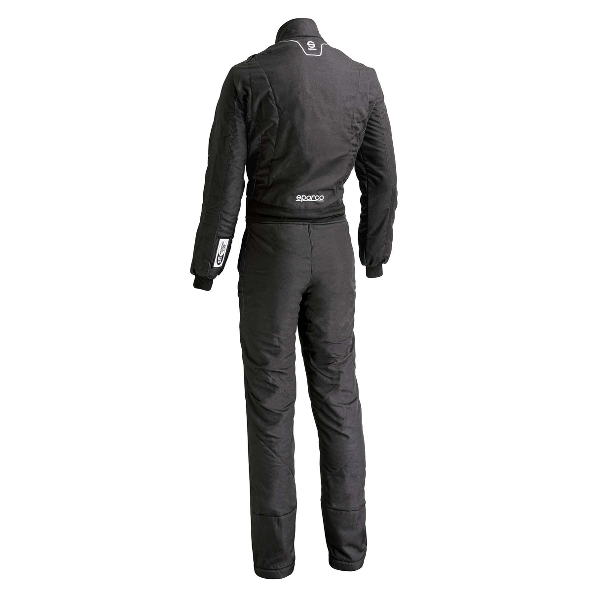 Sparco Stint racing suit, black back view with waist belt and high collar