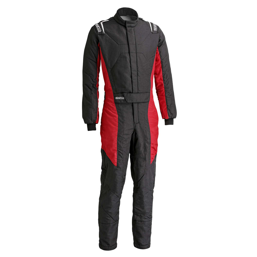 Sparco Stint racing suit, black with red side panels and zip front