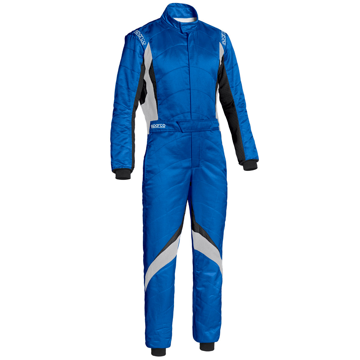 Sparco RS-9 blue racing suit with white/gray side panel stripes on legs
