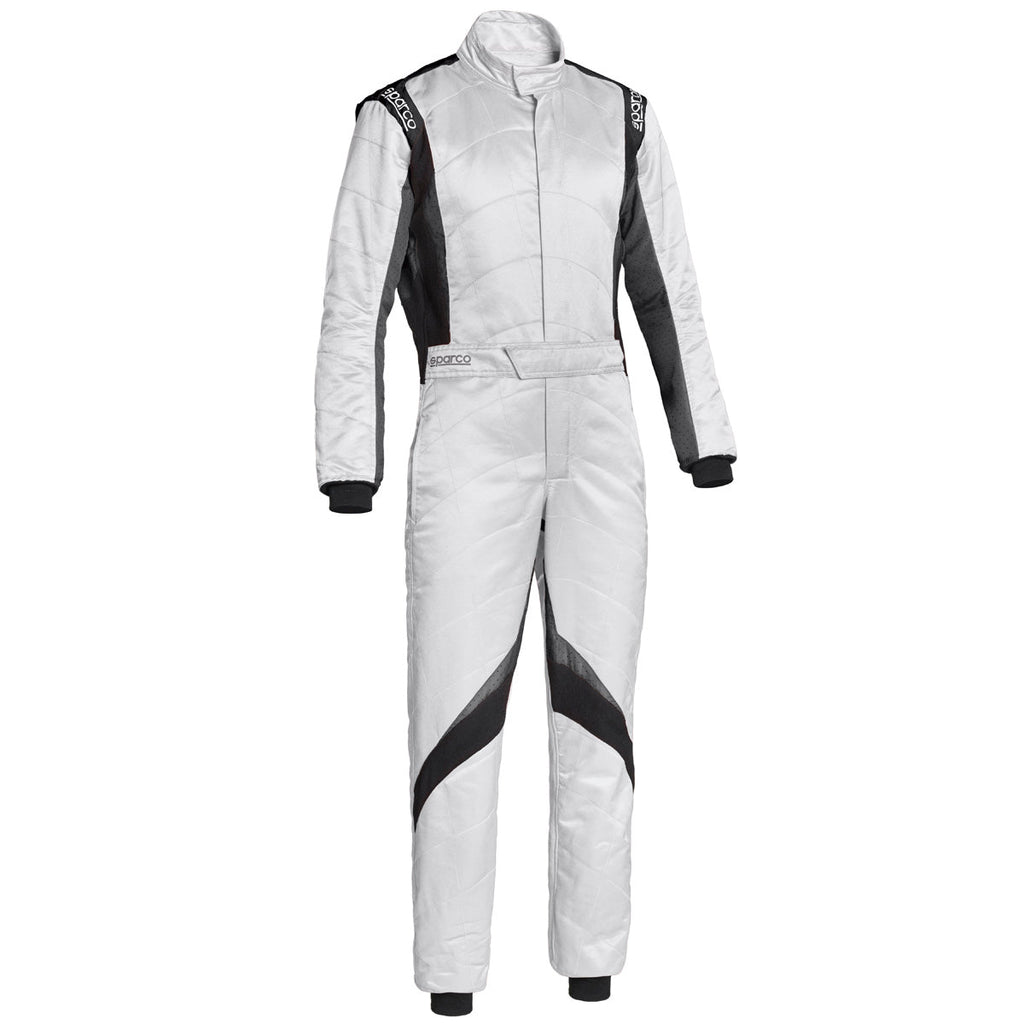 Sparco RS-9 white racing suit with black sleeve panels and white/gray stripes