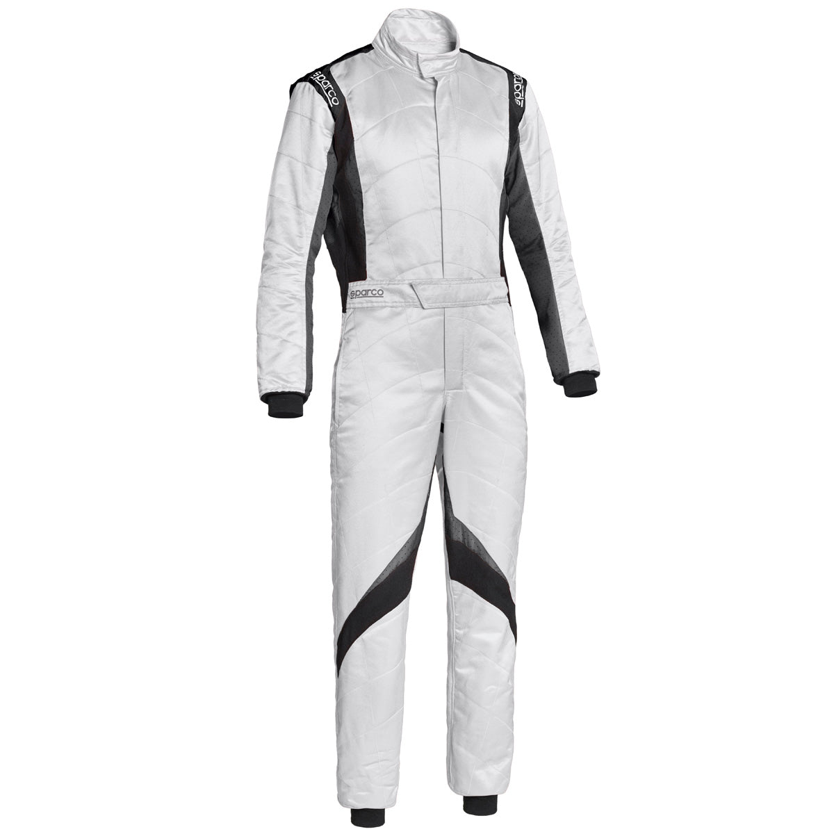 Sparco RS-9 white racing suit with black sleeve panels and white/gray stripes