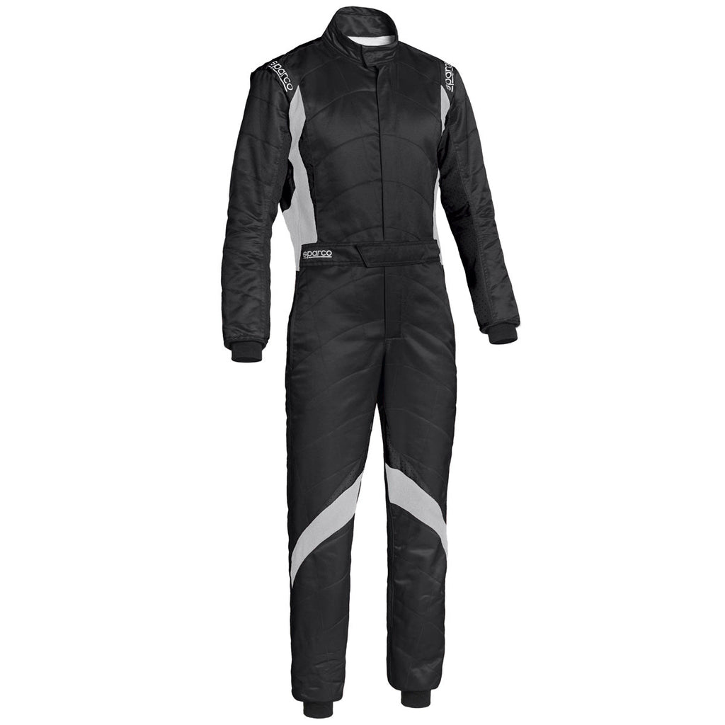 Sparco RS-9 black racing suit with white/gray side panel stripes on legs