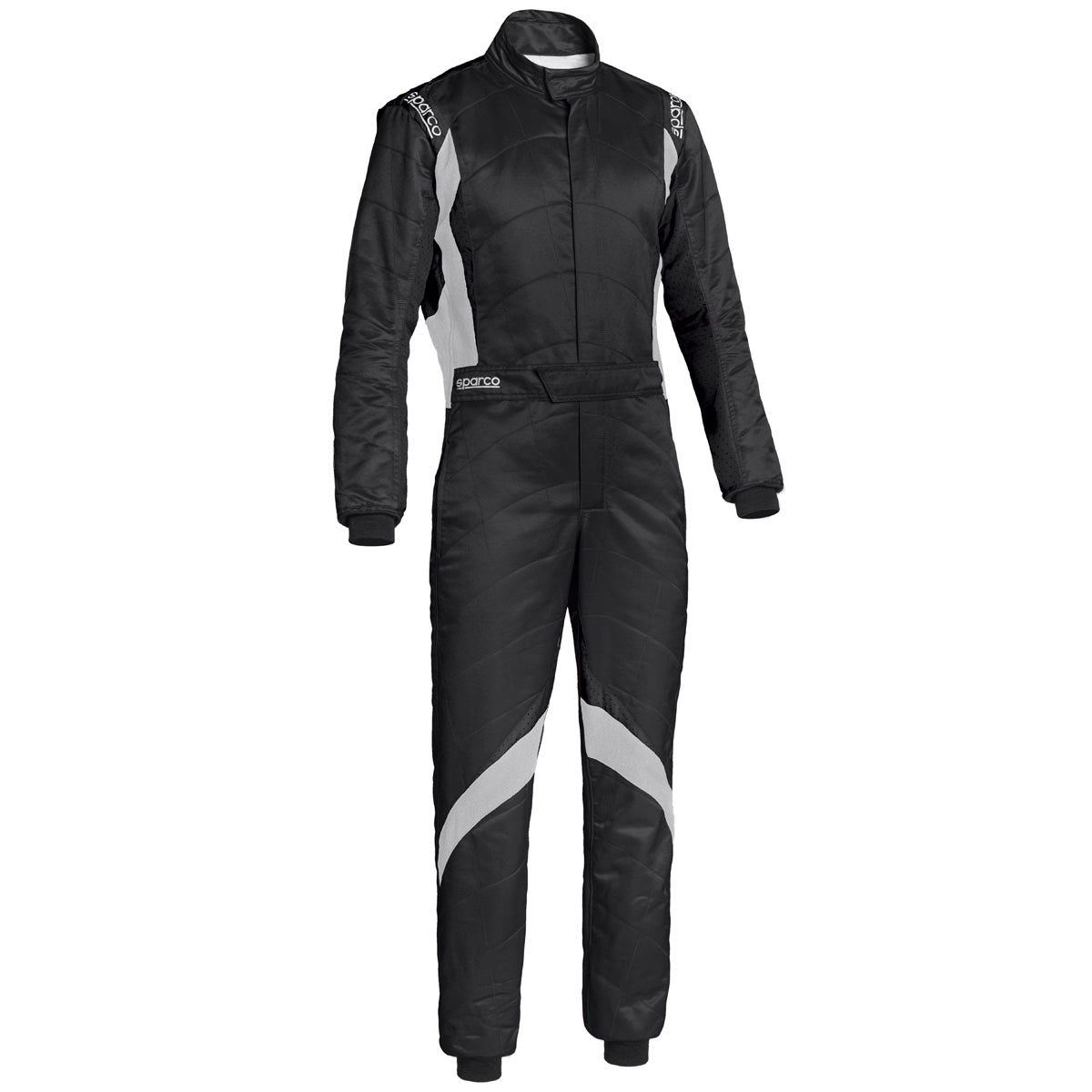 Sparco RS-9 black racing suit with white/gray side panel stripes on legs