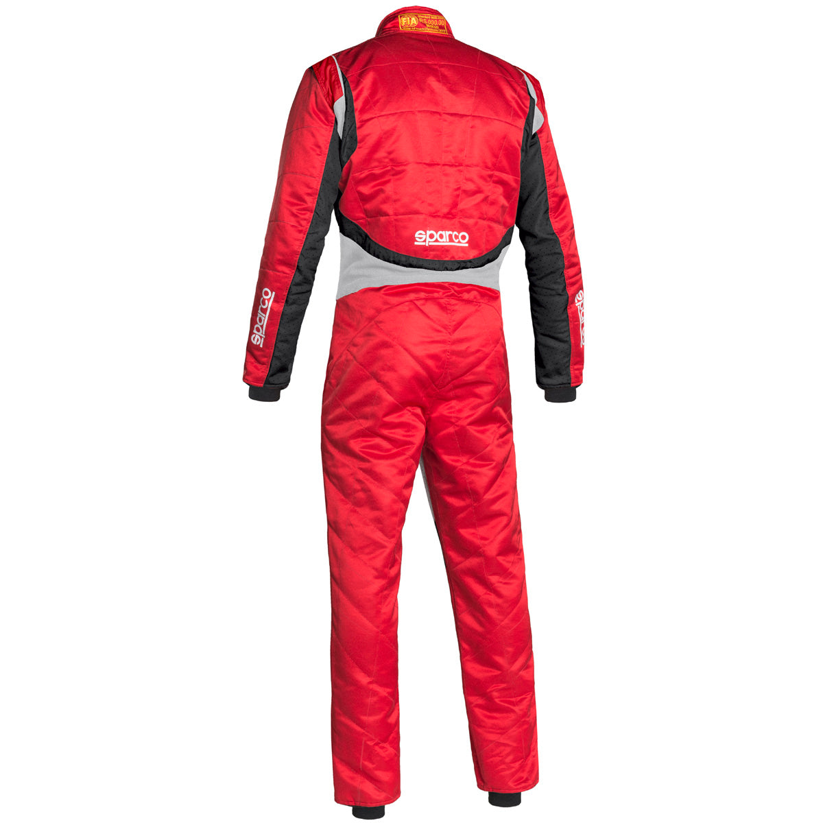 Sparco RS-9 red racing suit with black sleeve panels and rear white/gray stripes