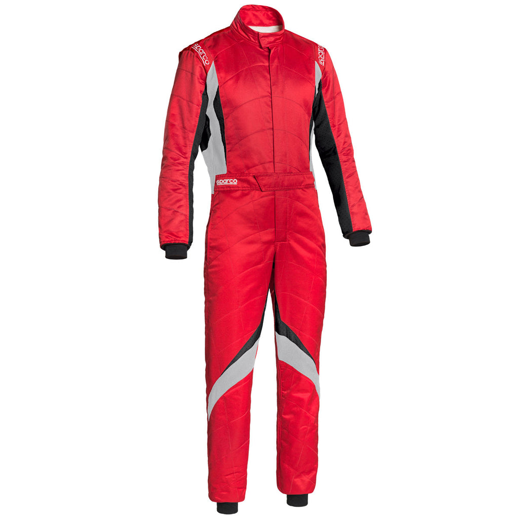 Sparco RS-9 red racing suit with white/gray side panel stripes on legs