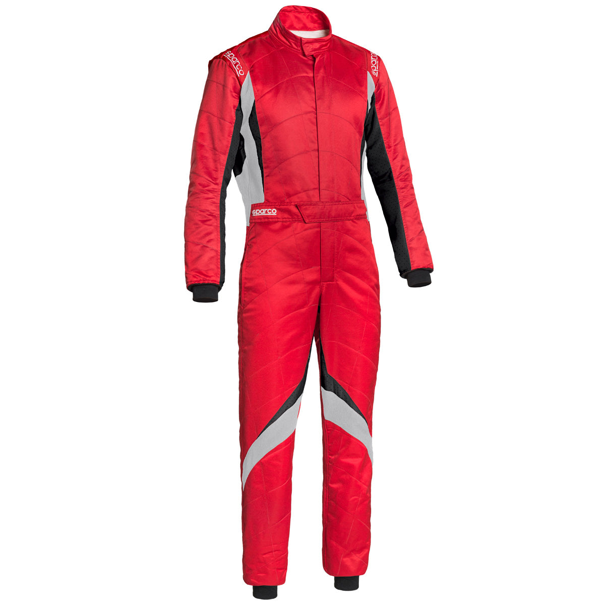 Sparco RS-9 red racing suit with white/gray side panel stripes on legs