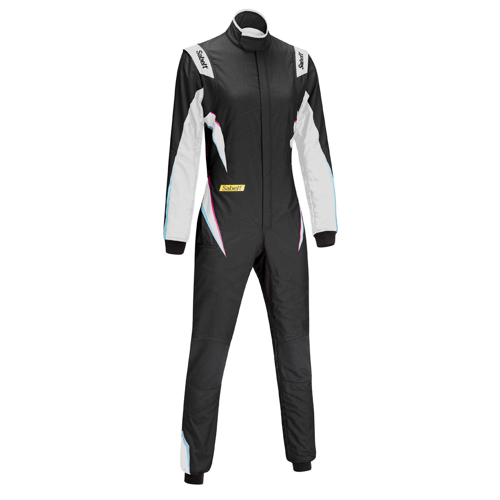 Ladies racing suit, black with white and light-blue accents on sleeves and legs