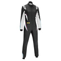 Ladies racing suit, black with white and light-blue accents on sleeves and legs