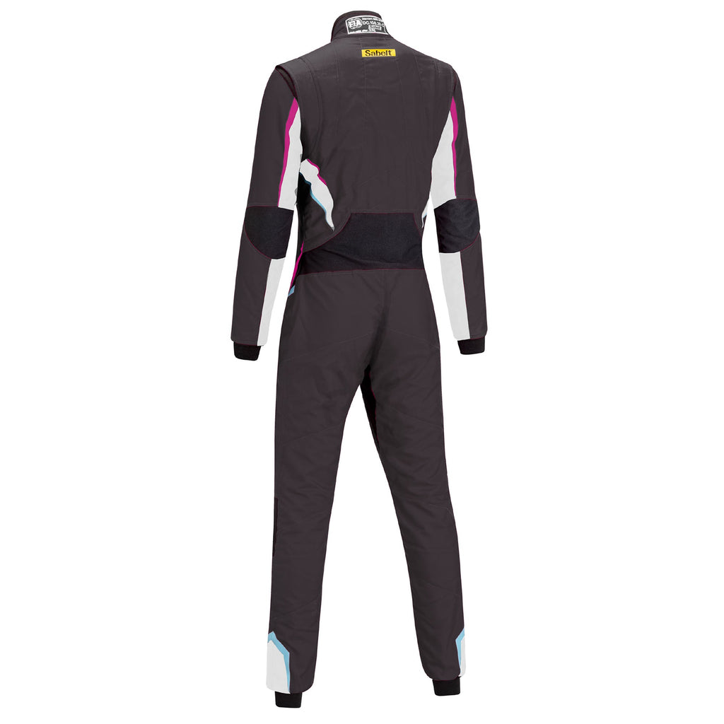 Ladies racing suit, dark gray with pink sleeve stripes and black torso panels
