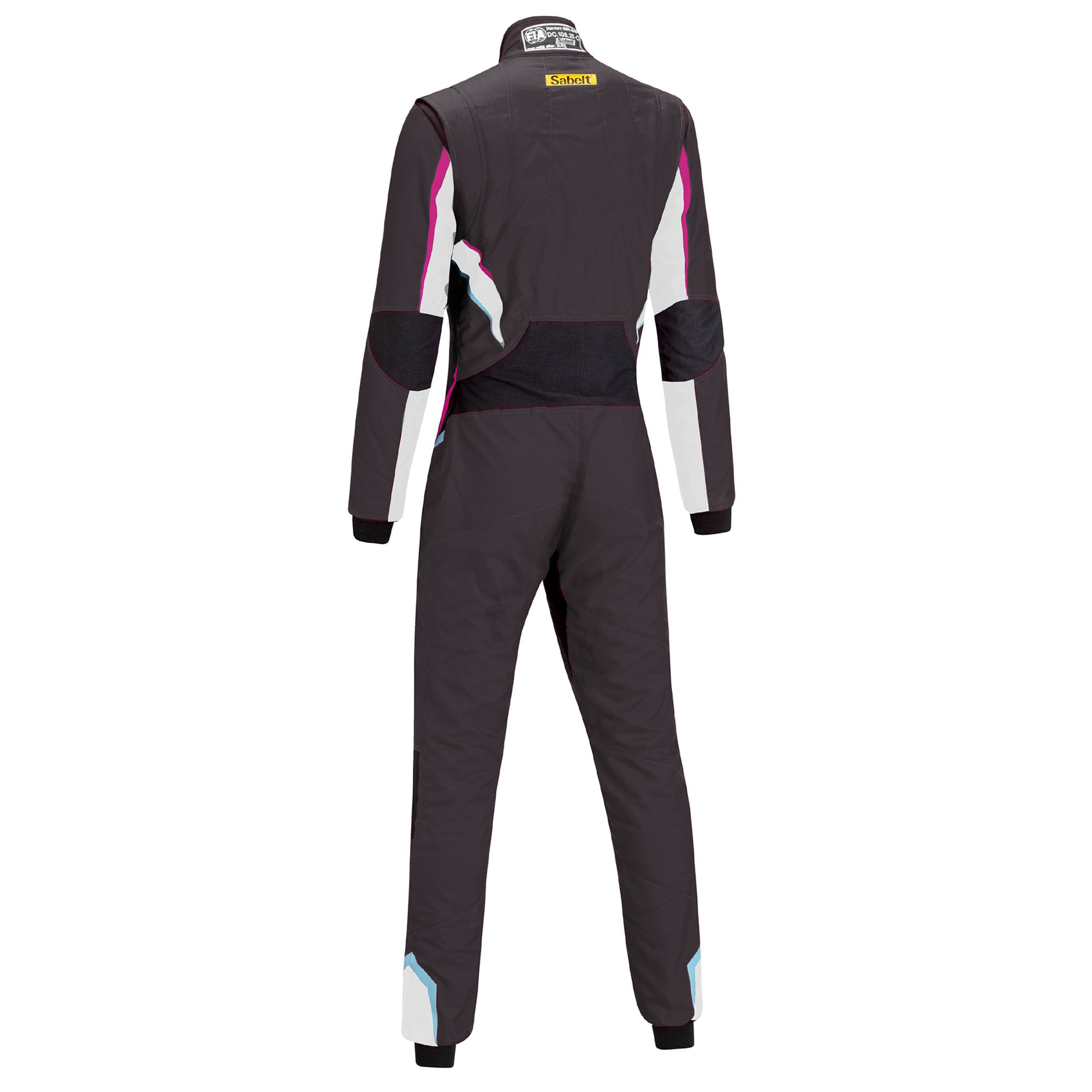 Ladies racing suit, dark gray with pink sleeve stripes and black torso panels