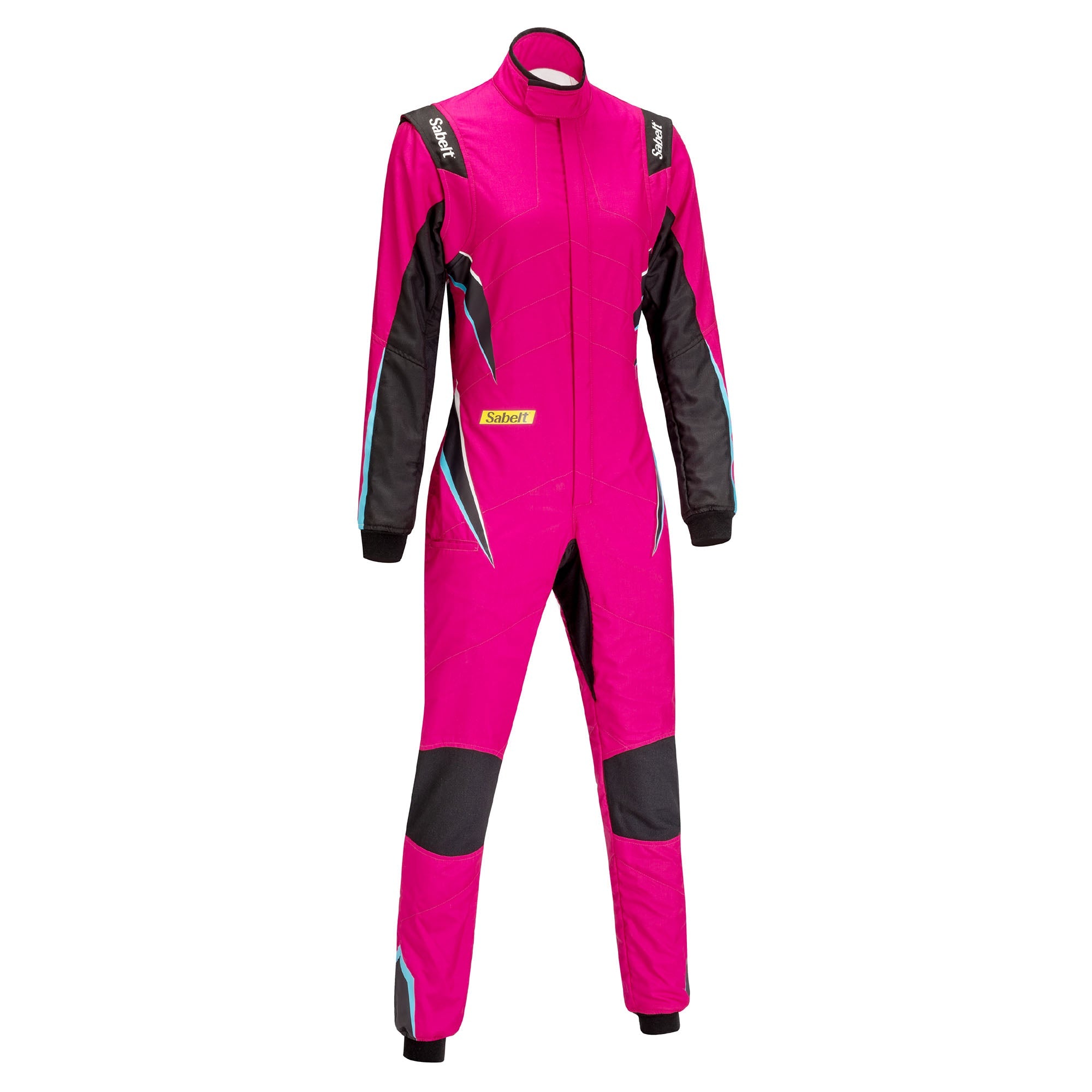 Ladies racing suit, bright pink with black sleeve panels and full-length zip collar