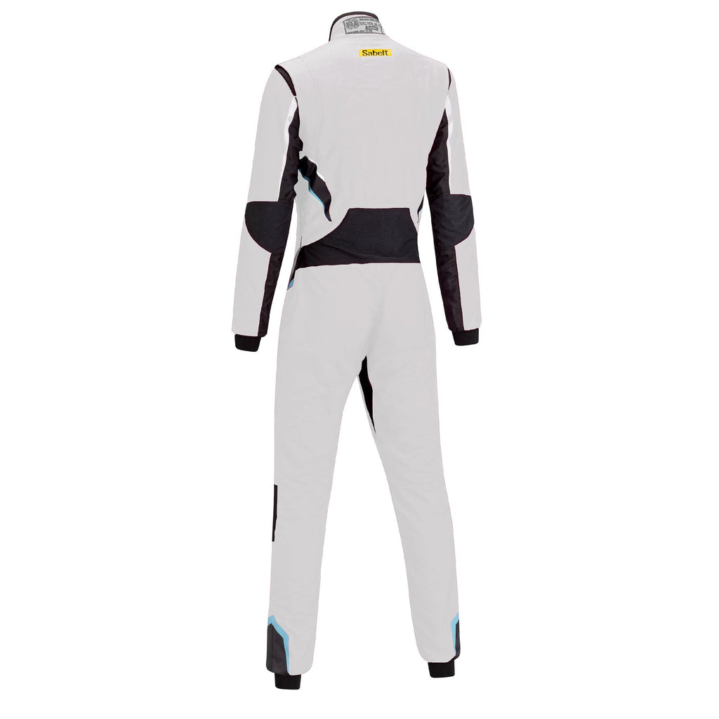 Ladies racing suit, white back view with black shoulder panels and full-length zip collar