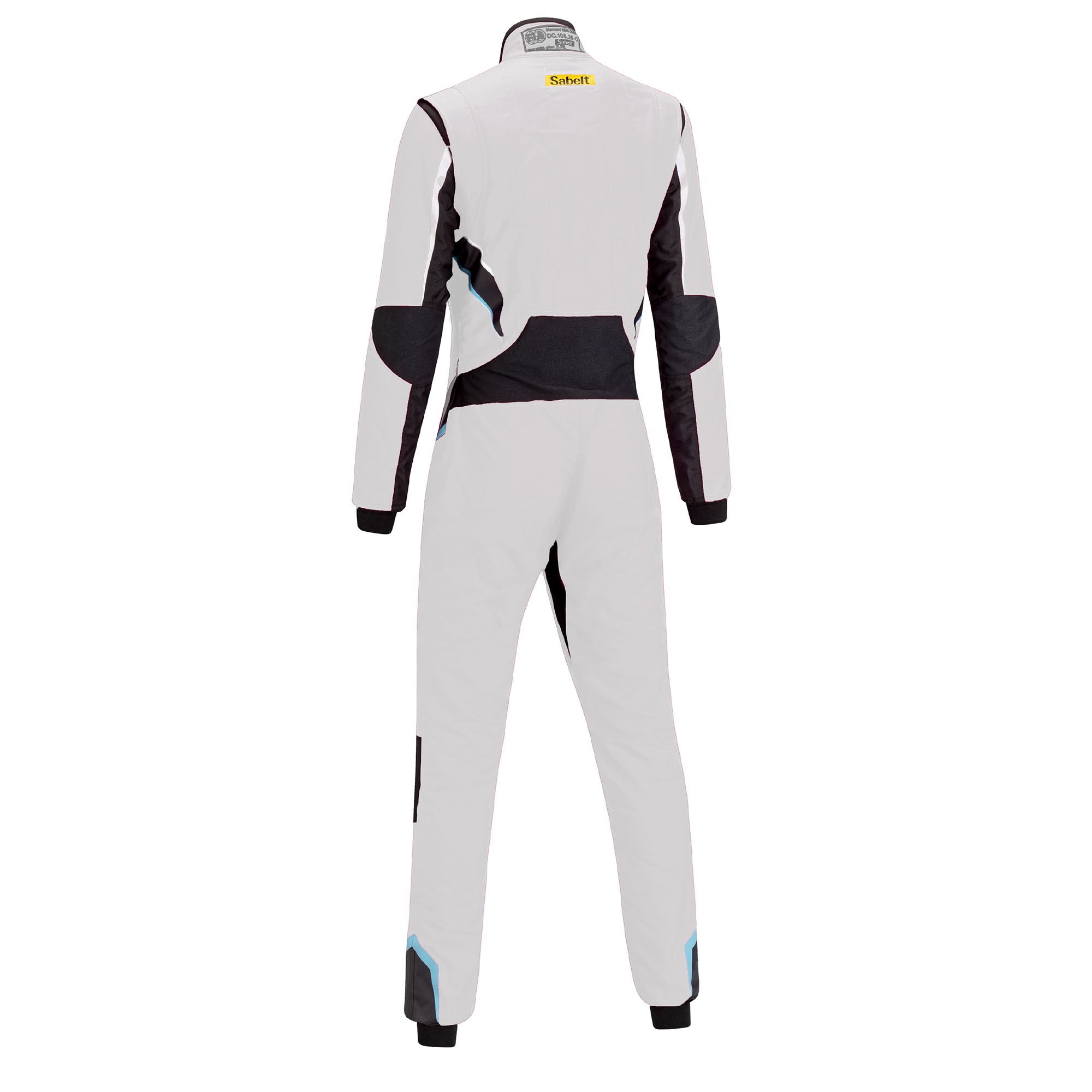Ladies racing suit, white back view with black shoulder panels and full-length zip collar