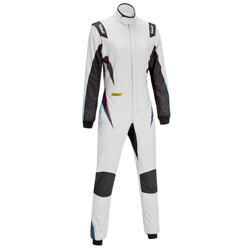 Ladies racing suit, white with black sleeve panels and full-length zip collar