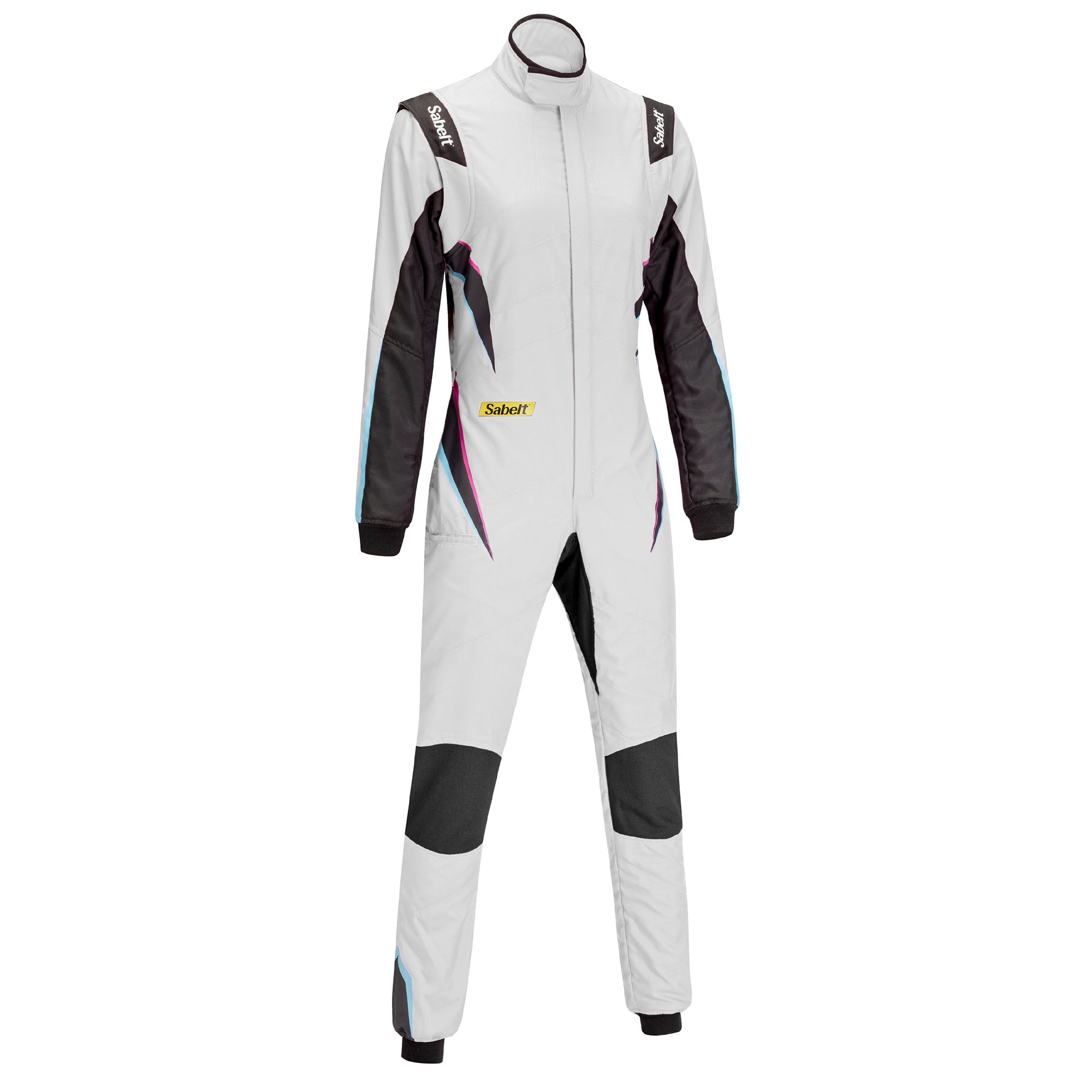 Ladies racing suit, white with black sleeve panels and full-length zip collar