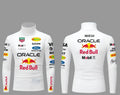 White racing suit with various sponsor logos on a blue background  - Endless Racegear 