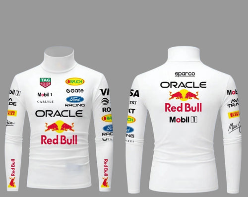 White F1 racing compression shirt with Oracle Red Bull logos and long sleeves