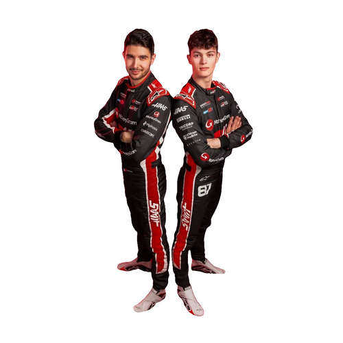 F1 replica racing suit, black with red panel stripes and leg number detail.