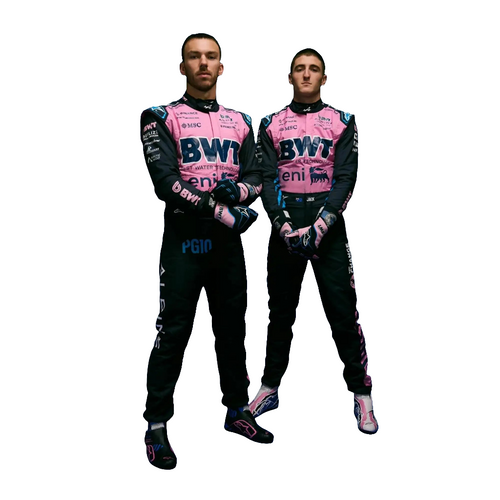 Racing suit in pink and dark, full-body front with sponsor logos