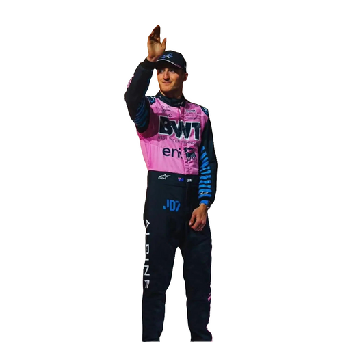 Racing suit in pink and dark, full-body with raised-arm pose