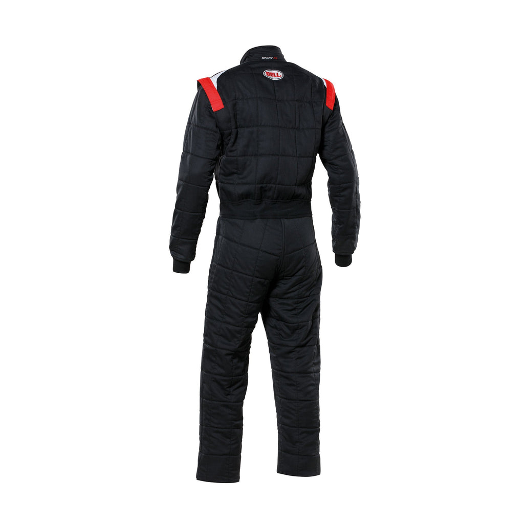 Youth racing suit back in black with red shoulder accents and quilted panels