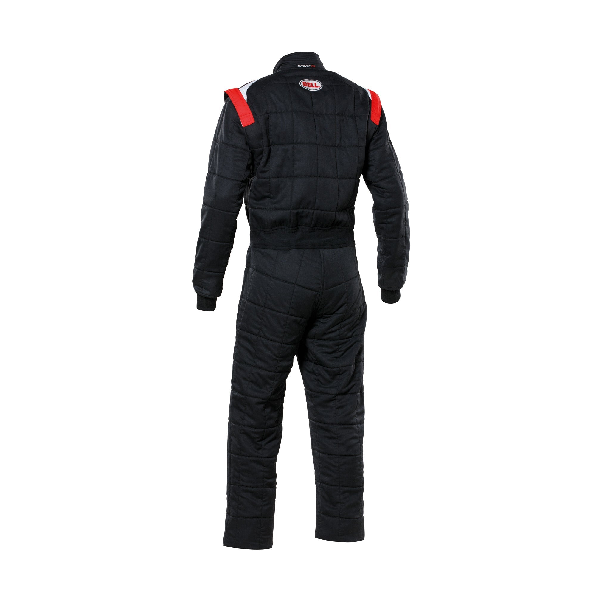 Youth racing suit back in black with red shoulder accents and quilted panels