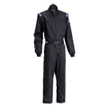 Black racing driver suit with stand collar, full front zipper, and waist belt