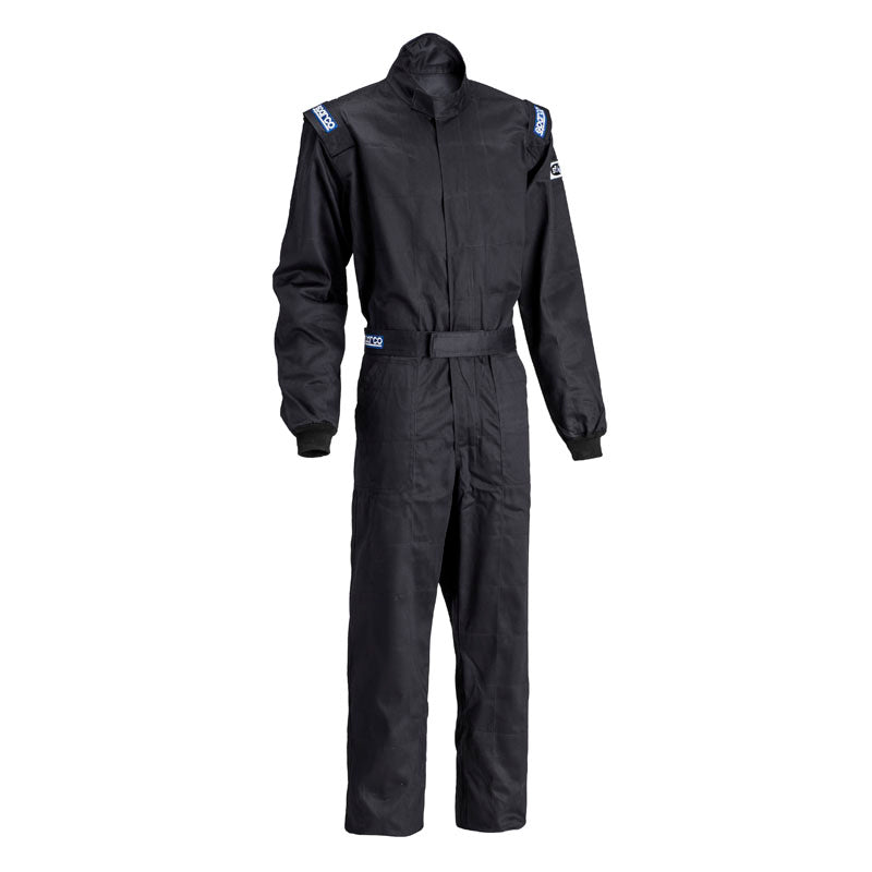 Black racing driver suit with stand collar, full front zipper, and waist belt