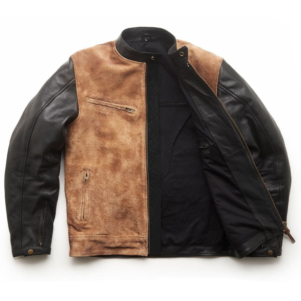 Fuel leather jacket opened to show its black quilted lining