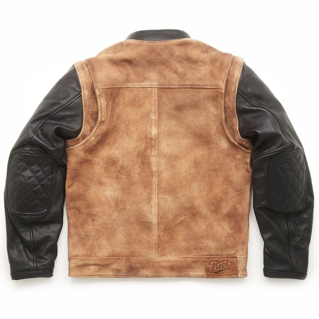 Back of the Fuel jacket with tan leather body and black quilted elbow panels