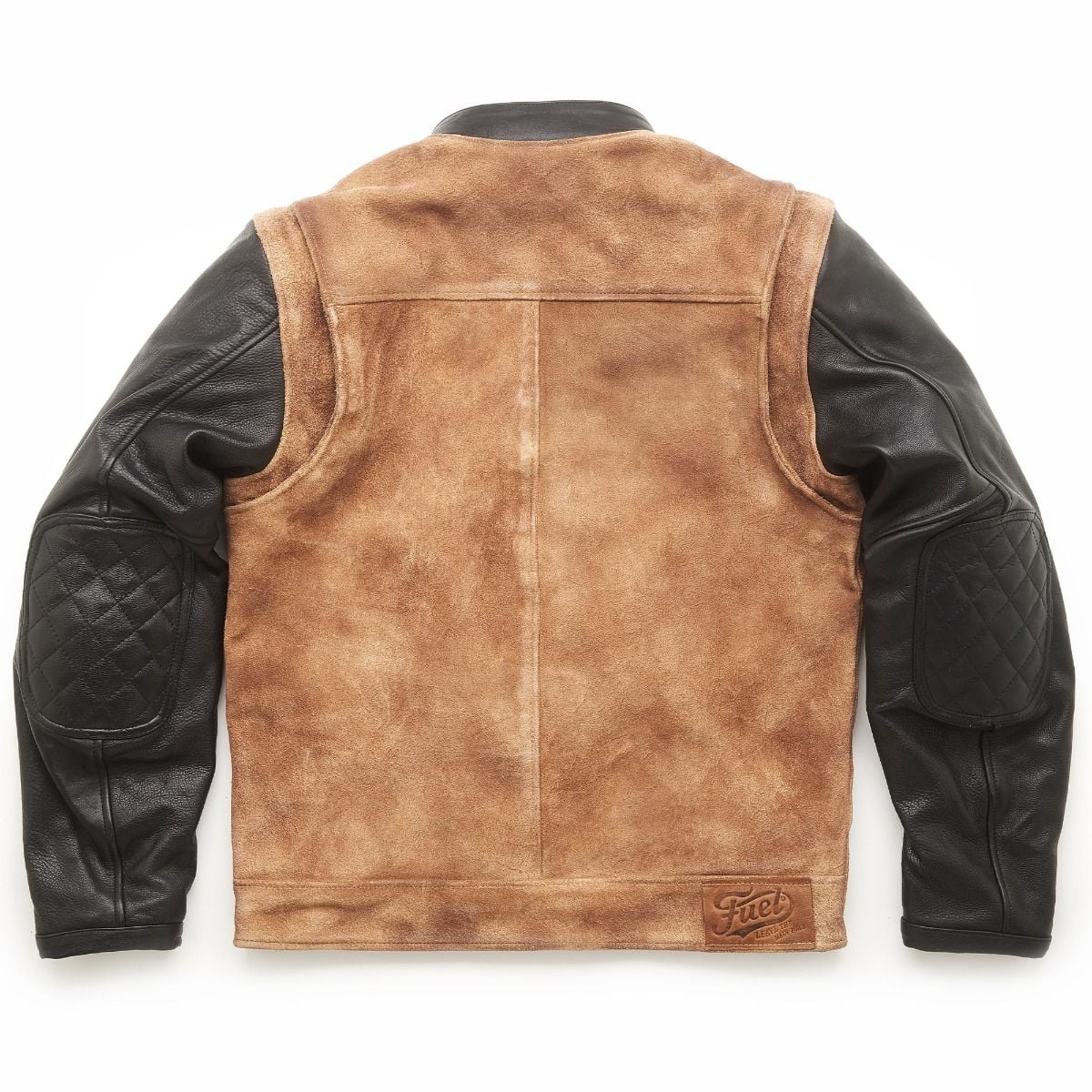 Back of the Fuel jacket with tan leather body and black quilted elbow panels