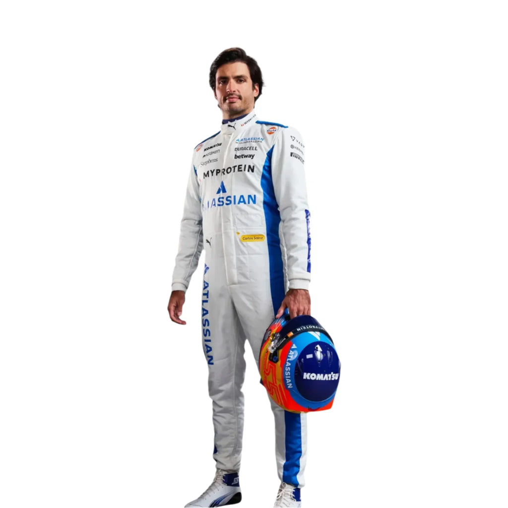 Carlos Sainz replica F1 race suit by Endless Racegear white and blue full body suit with sponsor logos and model holding helmet