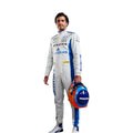 Carlos Sainz replica F1 race suit by Endless Racegear white and blue full body suit with sponsor logos and model holding helmet