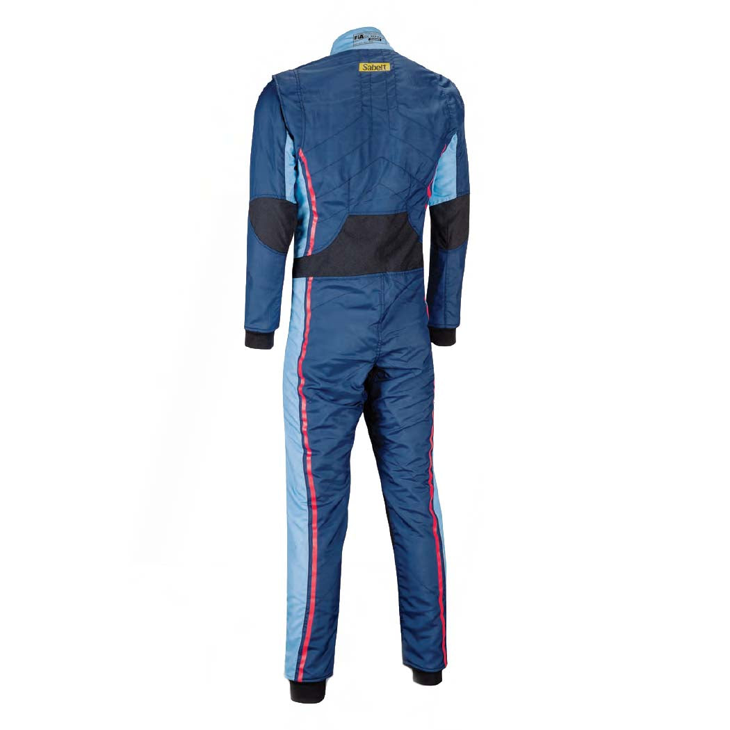 Blue racing suit back view with black panels and red/white side stripes, full zip