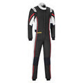 Black racing suit with white side panels, red piping, padded cuffs, full-length zip