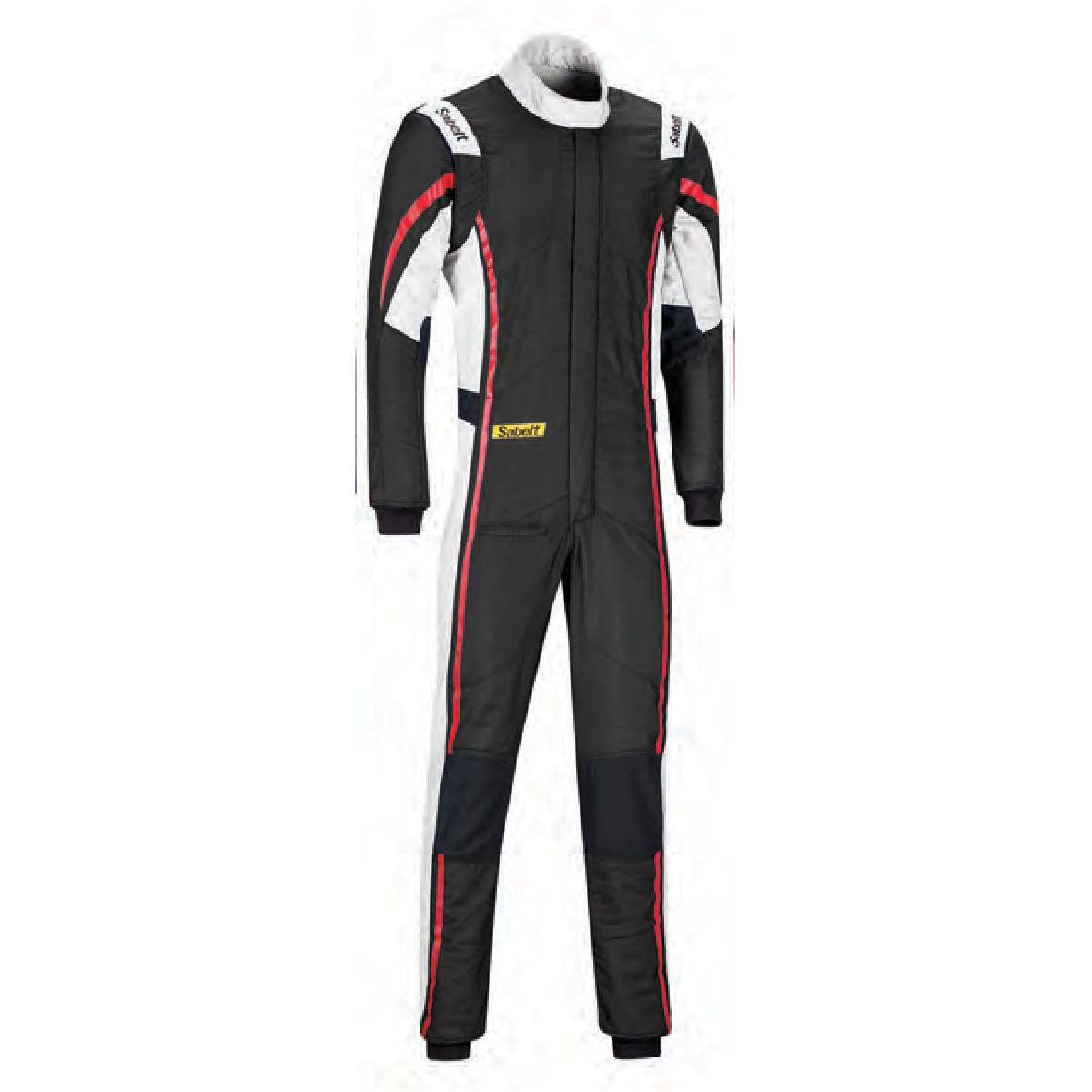 Black racing suit with white side panels, red piping, padded cuffs, full-length zip
