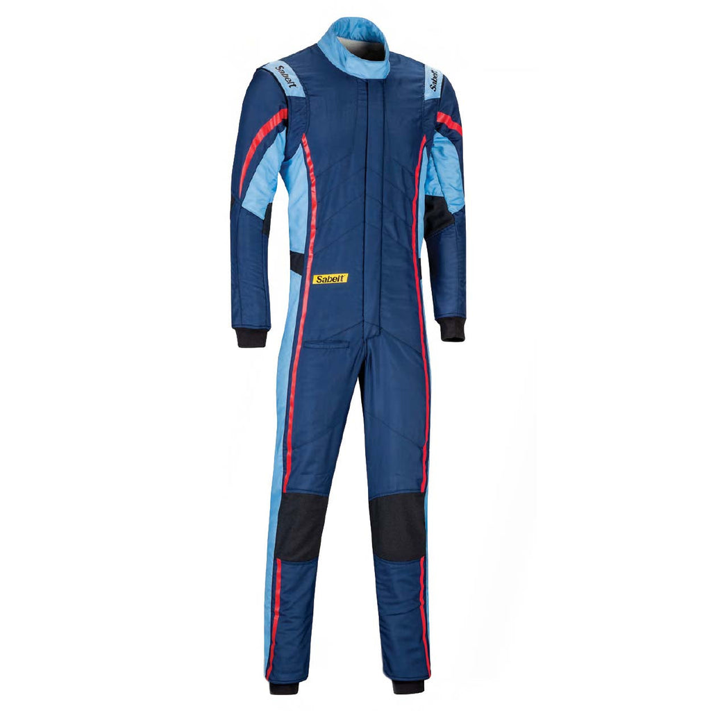 Blue racing suit with black sleeves and red/white piping; full-length zip front